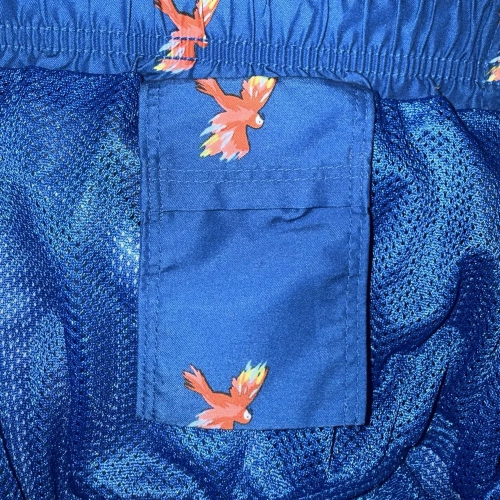 Men's Parrot Print Swim Trunk Mesh Lining Drawstring Board Shorts Blue Size M